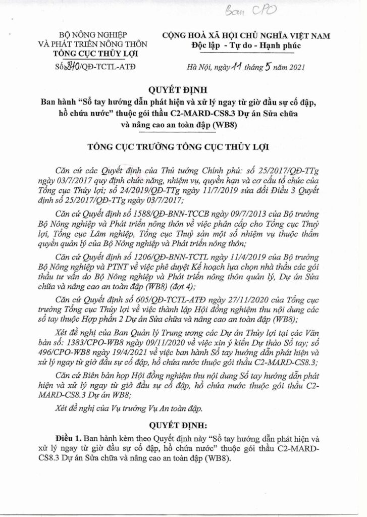 240.QD TCTL ATD ban hanh So tay huong dan phat hien va xu ly ngay tu gio dau su co dap ho chua nuoc hinh anh 0