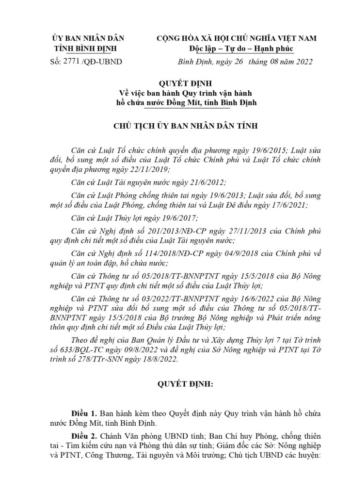 QD Ban hanh Quy trinh van hanh ho chua nuoc Dong Mit tinh Binh Dinh page 0001