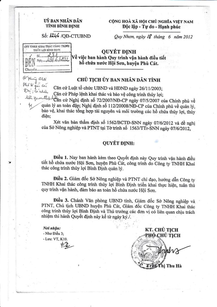 Quyet dinh Ban hanh Quy trinh van hanh dieu tiet ho Hoi Son page 0001
