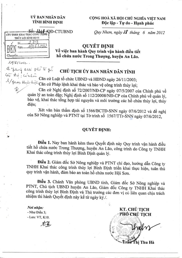 Quyet dinh Ban hanh Quy trinh van hanh dieu tiet ho Trong Thuong page 0001