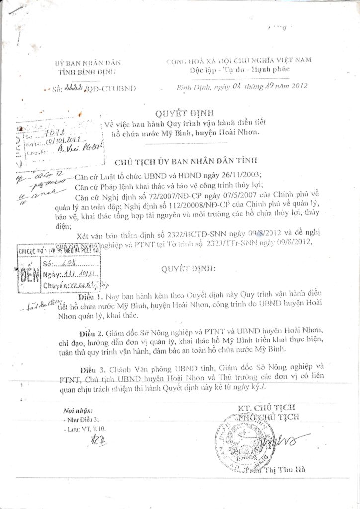 Quyet dinh Ban hanh Quy trinh van hanh dieu tiet nuoc ho My Binh page 0001