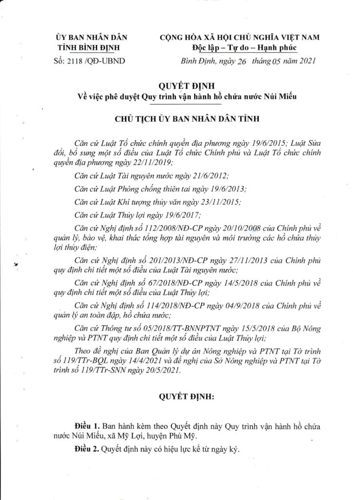 Quyet dinh phe duyet Quy trinh van hanh ho Nui Mieu page 0001